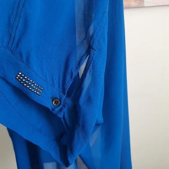 Verge NZ Short Sleeve Sheer Blue Button Down Long Blouse Size XXL - Picture 10 of 12